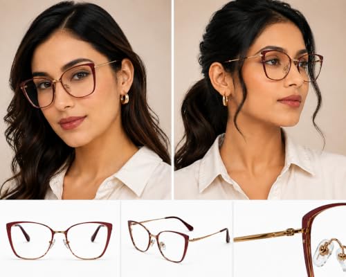 Image of LensKandy | Cat Eye Computer Glasses for Women | Zero Power Blue Light Blocking | 100% UV Protection | Medium size | For Daily works : Laptop, Mobile, Gaming, Office | LKM0002