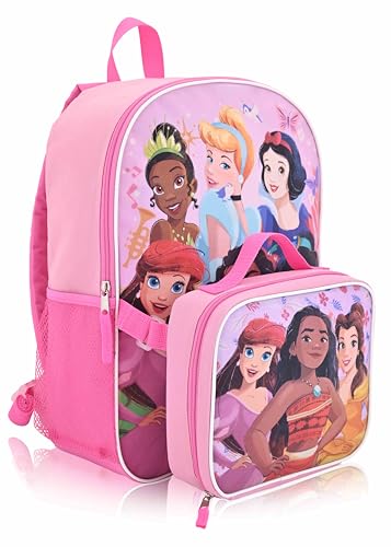 Fast Forward Disney Princess 16' Backpacks With Lunch Bag - Licensed Characters Kids Schoolbag