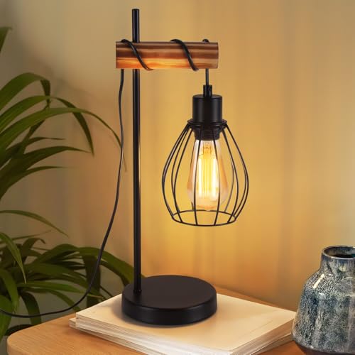 ZMH Lampe de table vintage pour salon, en bois : lampe de chevet noire, 1 lumière, design industriel, métal, douille E27, lampe de chevet rétro - sans...