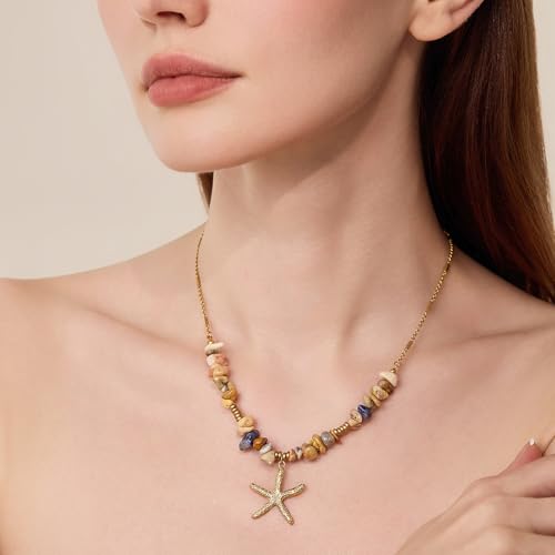 Cicy Bell Womens 18k Gold Plated Starfish Necklace Irregular Natural Perforated Gravel Boho Beach Necklaces Trendy Surfer Vacation Outfits Jewelry Gift3