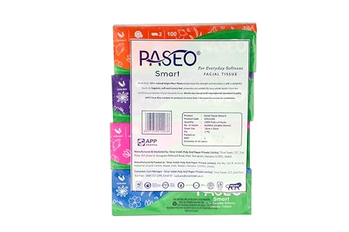 Image of PASEO Smart 2 Ply Facial Tissue Box | Packf of 4, 100 Pulls, 800 Sheets | Ultra Soft And Highly Absorbent | 100% Virgin & OBA Free | Car Tissue, Home, Bathroom & Office Use