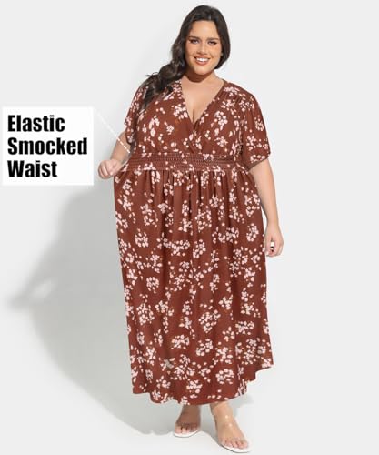 Image of CARCOS Plus Size Dresses for Curvy Women V Neck Summer Maxi Dress Short Sleeve Floral Boho Dress Smocked Waist Beach Dress