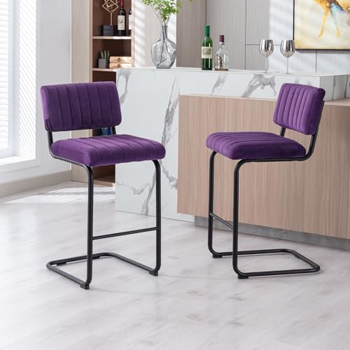 Image of ONEVOG 24.6'' Counter Height Bar Stools Set of 2, Mid-Century Modern Counter Height Cantilever Bar Chairs for Kitchen Island, Upholstered Velvet Fabric Barstools with Back and Matte Metal Legs, Purple
