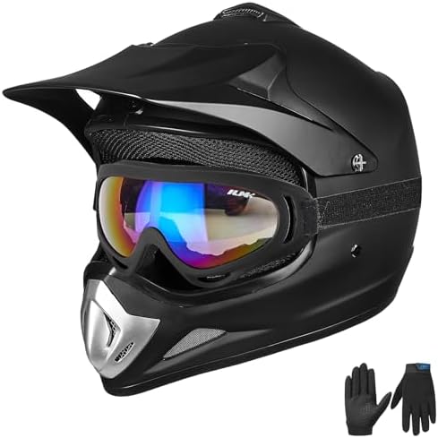 ILM Youth Kids Dirt Bike Helmet ATV Motocross DOT Off-Road Street Helmet Goggles Gloves Full Face Protective Helmet Model BLD-818(Matte Black,Youth-Large)