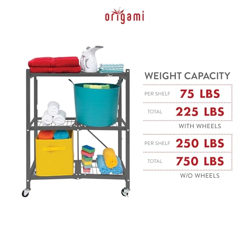 Image of Origami 2 Pack 3 Tier Folding Shelves, Storage Shelving Rack Unit with Wheels, Pewter