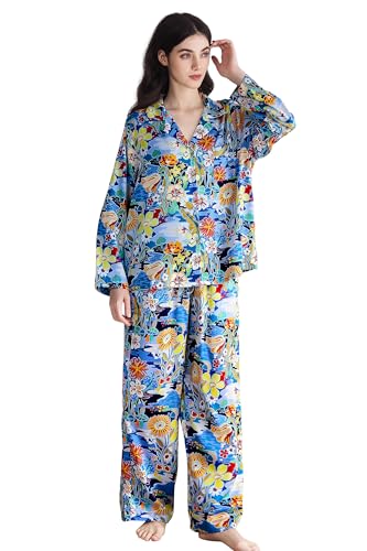 Image of YiNi LuLu Womens Silk Satin Pajamas Set Button Down 2 Piece Pjs Long Sleeve Oversized Sleepwear with Pockets