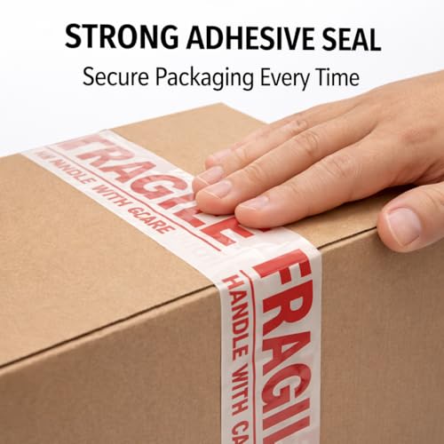 Image of Fragile Packing Tape | Pack of 6 Rolls | 48 mm / 2 Inch x 65 Meter BOPP Adhesive Tape | Heavy Duty Red & White Warning Tape for Fragile Parcels E-Commerce &