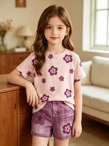 Image of Ayzozuy Kid Girl Clothes Shorts Set 2 Piece Outfits Summer Casual Short Sleeve Top and Shorts Set for Girls 4-7