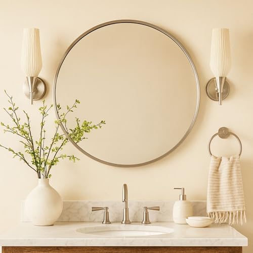 Image of TEHOME Round Brushed Nickel 30 inch, Silver Metal Circle Wall Mirror for Bathroom, Modern Silver Vanity Mirror for Entryway