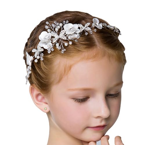 IYOU Fascia per capelli da comunione con fiore bianco Coroncina da principessa in cristallo Accessori per capelli con perle di strass Ragazze e bambina