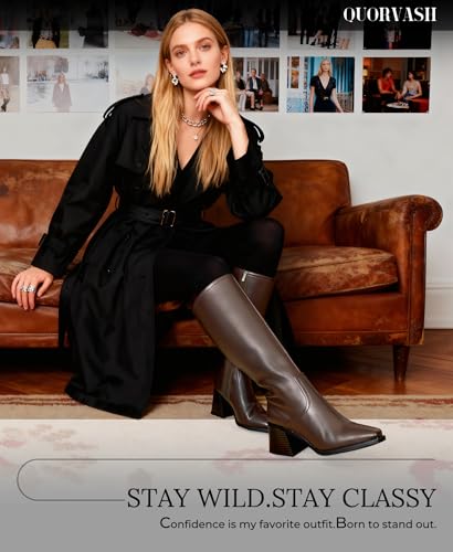 Image of Knee High Boots Women - Long Elastic Faux Leather Boots Tall Square Toe Chunky Block High Heel Shoes with Side Zipper