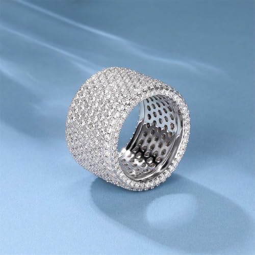 18K White Gold Plated Iced Out Engagement Promise Wedding Eternity Ring for Women Men, Sparkling Cubic Zirconia Round Rings 15mm Width Size 5-102