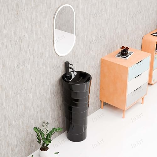 Image of InArt Ceramic One-Piece Pedestal Wash Basin | Free-Standing Pedestal for Living Room & Bathroom | 15 X 15 X 34 Inch (Black)