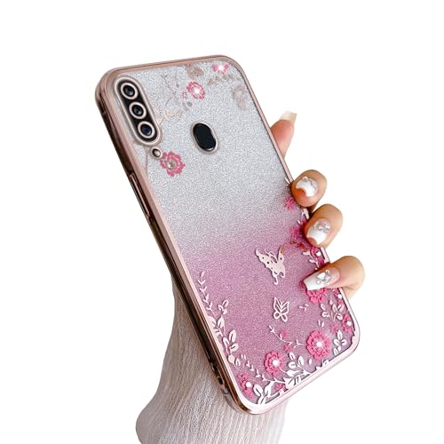 Image of for Samsung Galaxy A20S Case,Galaxy A20S Case for Women Gradual Change Glitter Crystal Soft TPU Stylish Butterfly Floral Heart Clear Protective Cover with Strap for Galaxy A20S (Rose Gold)