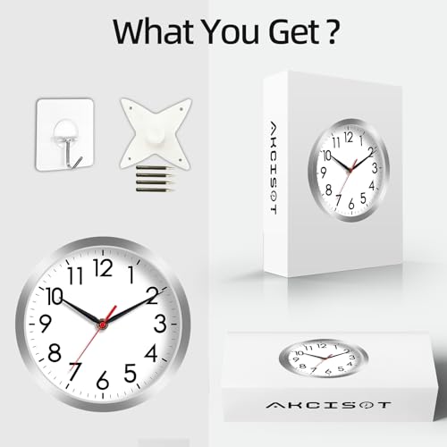 Image of AKCISOT Wall Clock, Modern Small Wall Clocks Battery Operated 8 Inch, Silent Non-Ticking Analog Classic for Office, Home, Bathroom, Kitchen, Bedroom, School(Silver)