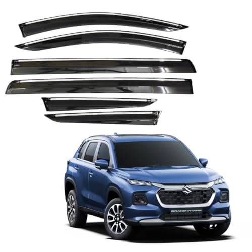 Image of CAR SAAZ Chrome Line Door Visor for Grand Vitara (2022-Present)(Set of 6 Pcs) | Wind Deflector Rain Guard