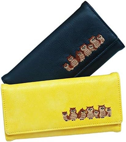 Amazon 大きく開く かぶせタイプ 長財布 開運 福財布 レザー調 メンズ レディース かわいい幸運のふくろうを刺繍したロングウォレット イエロー 財布