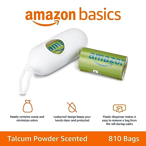 Image of Amazon Basics Premium Leak Proof Dog Poop Bags with Dispenser and Leash Clip, Talcum Powder Scented, 13 inch x 9 inch, 810 Count (54 Rolls) (Pack of 6)