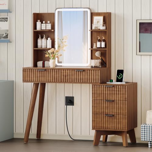 Image of Xixini Fluted Vanity Desk with LED Lights Mirror & Charging Station, Walnut