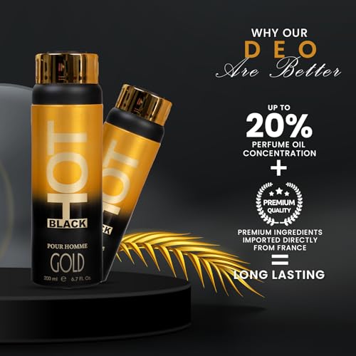 Image of BERNARD DIMITRI HOT BLACK GOLD Deodorant Spray for Men - 200 ML Each| Pack of 2 | Spicy Fragrance | For Daily Use Deo | Fresh Long-Lasting Smell | Idle Gift for Brother, Friend and Loved Once