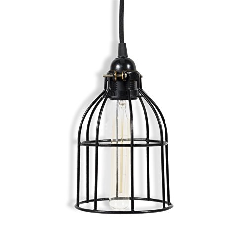 Rustic State Vintage Design Curved Metal Wire Cage Pendant Lamp with 15’ Plug-in Fabric Cord Toggle Switch and Edison Light Bulb in Black