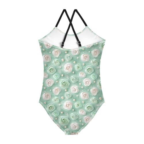 senya Girls Swimsuits One-Piece Swimwear Tie Bathing Suit Beach Summer Round Neck 7-8T Green Rose Pattern2