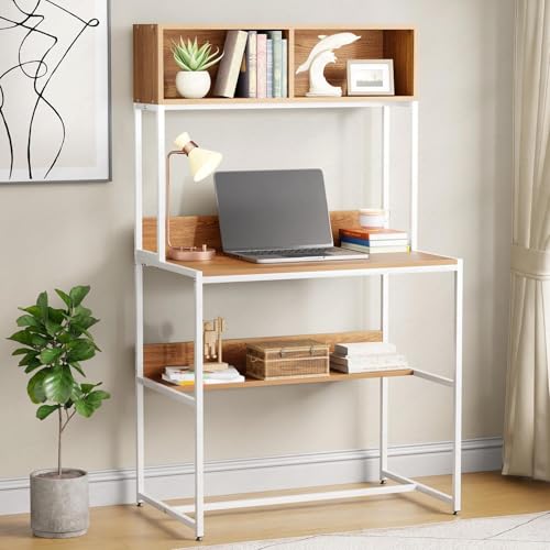 Image of Lukzer Study Table with Open Bookshelf | Engineered Wood with Metal Frame Desk | Modern & Space Saving Computer Workstation with Hutch for Home & Office (MST-010 /White & Oak Brown /143x83x50 cm)