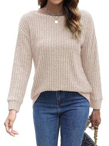 Image of Womens Tops Sweaters Ladies Tunics Casual Long Sleeve Shirts Blouses Tees Dressy Casual Clothing Boat Neck Fashion 2025