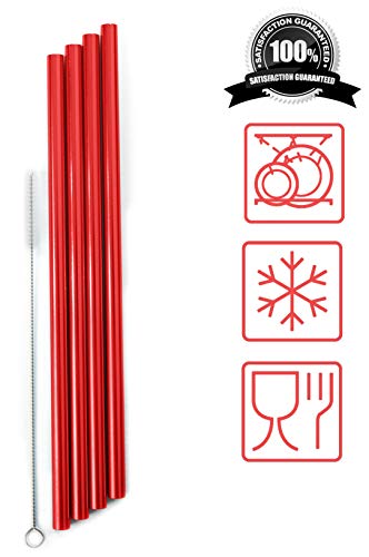glugglug Food Grade Reusable Aluminium Metal Straws - (x4) + Cleaner Brush - FIT Any 20oz 30oz Tumbler - Free 'Green Smoothies Recipes' eBook!