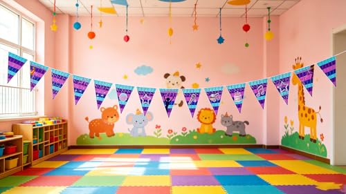 Image of K-POP Starry Birthday Banner - 12.2FT Polyester Bunting with 15pcs Triangle Flags, Blue Purple Gradient Star & Music Note Pennant Banner for Kpop Fans Party, Indoor Outdoor Hanging Decor