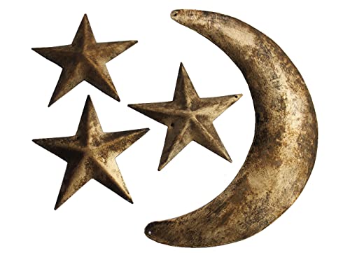 Mango Gifts Rustic Moon Phase Wall Decor | 4-Piece Gold Metal Wall Art Set Featuring Crescent Moon & Stars | Vintage Farmhouse Boho Hanging Decoration for Living Room & Bedroom