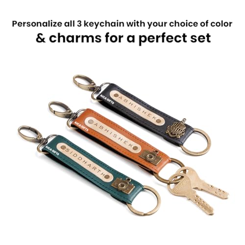 Image of AICA Personalized Name, Color & Charm Leather Keychain - Pack of 3 | Customized Unisex Keychains for Office Bags, Keys, Backpacks, School & College Use | Stylish Keychain for Daily Use Travel Gifting