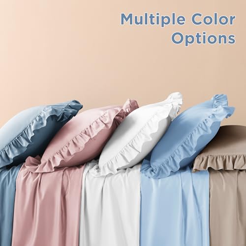 Image of Litanika Light Blue Full Size Comforter Sets, 3 Pieces Ruffle Farmhouse Aesthetic Bedding Comforter Sets, All Season Soft Lightweight Fluffy Microfiber Bed Set(79x90In Comforter, 2 Pillowcases)