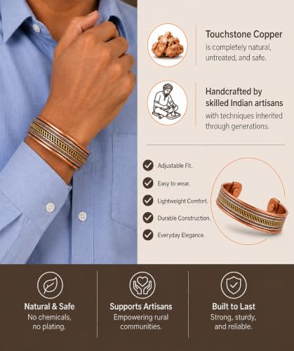Image of Touchstone copper bracelets | gift for men women |adjustable 100% pure solid real magnetic jewelry | handmade bracelet set combo | rope braided tibetan bangles. Set of 3 different designs