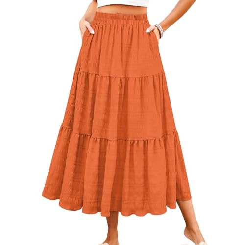 HUSKARY Women's Summer Casual Elegant Smock Layered Tiered Maxi Skirt High Waisted A Line Flowy Long Skirts with Pockets X-Small Beige
