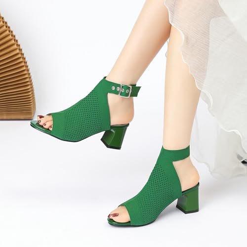 Women'S Knit Stretchy Fish Mouth Chunky Heel Sandals With Adjustable Ankle Strap Fashion Comfortable Mesh Breathable Slingback Block Heel Sandals Summer Casual Work Office Wedding Dressy Pumps4