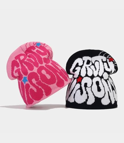 Image of Printed Beanie Hat, Beanies Y2K Winter Hats Streetwear Skull Cap Double-Layer Knitted Beanies Warm Knit Beanie, Hip Hop Streetwear Clothing