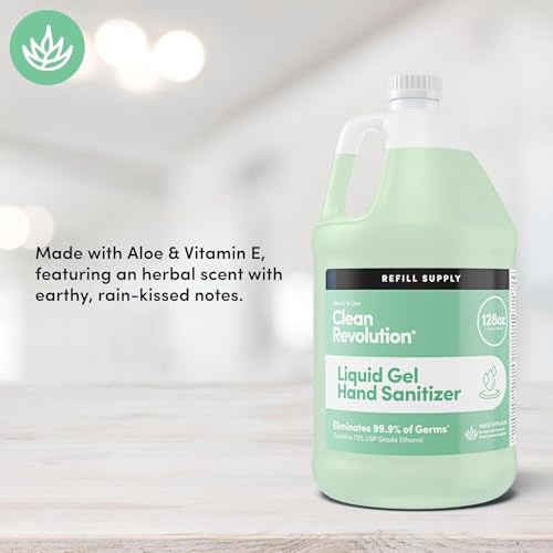 Image of Clean Revolution Liquid Gel Hand Sanitizer 128 oz Refill Bottle 4-Pack, Gentle, Aloe Scented, 70% USP Medical Grade Ethanol, Medical Facility Compliant - Made in USA