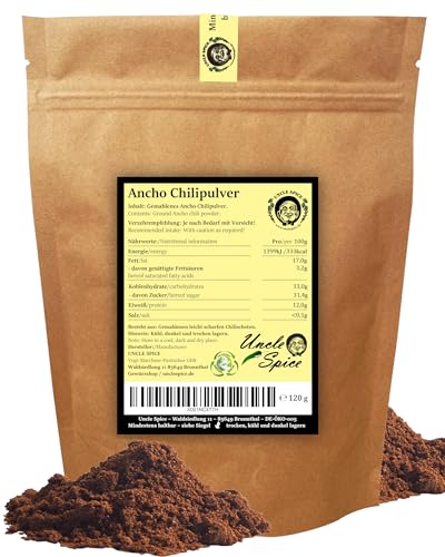 UNCLE SPICE® ANCHO Chilipulver 120g - Ancho Chilischoten fein gemahlen - Poblano Chili - mild fruchtig-herbes Chili-Pulver in PREMIUM-QUALITÄT - 1500 Scoville - leicht SCHARF
