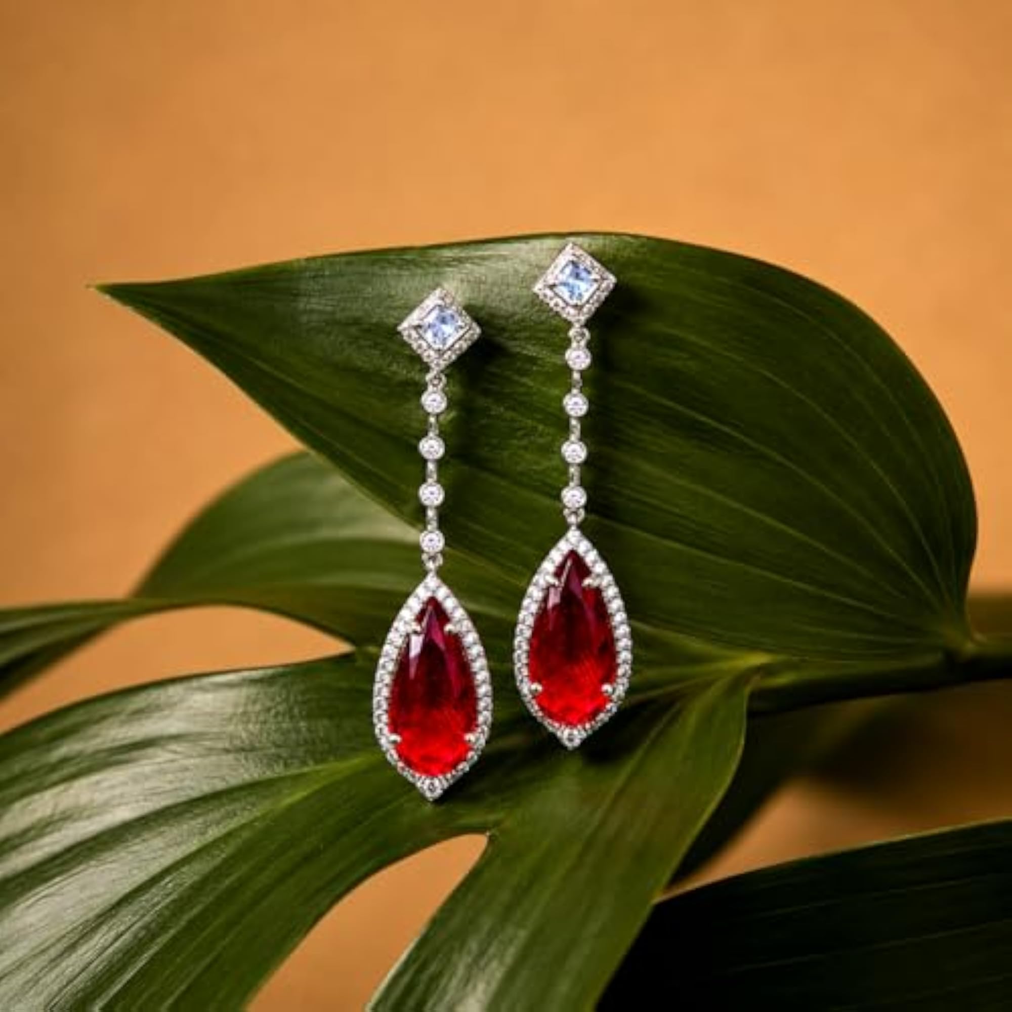 White Zircon & Red Stone American Diamond Dangler Earrings