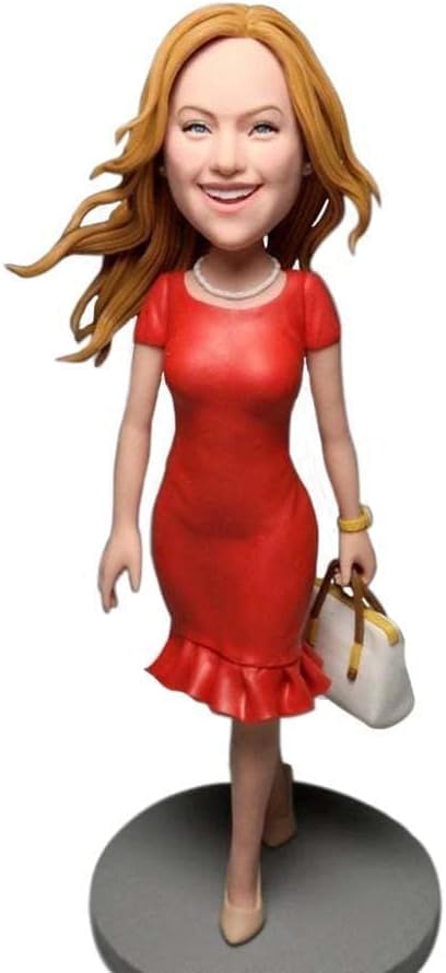 Figurine de Bobbleheads personnalisée, poupée personnalisée, dame en robe rouge, figurine à tête pompon personnalisée, figurine faite à la main, sculpture personnalisée cadeau pour femme