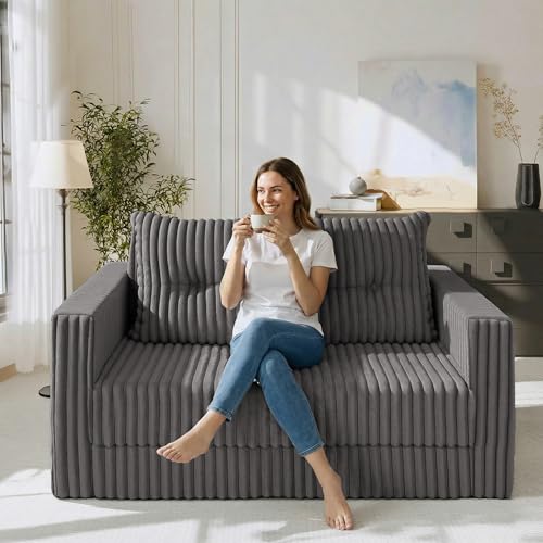 Image of HABUTWAY 41.3 inch Loveseat Boneless Couch, 4-in-1 Convertible Sofa Bed, Plush Fur Folding Futon Sofa Bed Couches with a Pillow for Living Room, High-Density Foam Support, No Assembly Required, Grey