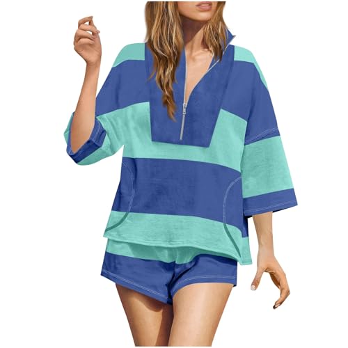 Conjunto de camiseta y pantalones cortos de entrenamiento para mujer, bloque de color, 1/2 cremallera, camiseta y pantalones cortos de gran tamaño, trajes de verano, casual, holgados, ropa deportiva
