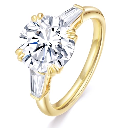 4.5CT Moissanite 3 Stone Engagement Ring for Women D Color VVS1 Clarity Round Tapered Baguette Cut Wedding Ring 9K Gold Plated S925 Sterling Silver Genuine Moissanite Promise Ring for Her Size 4-9