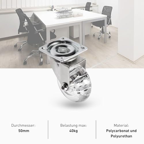 GTV - Möbelrollen BRAZIL, Lenkrollen, 4 Stück set Rollen für Möbel: 2x Rollen mit Bremse, 2x ohne Bremse, aus Stahl und Gummi, +16 konische Schrauben 4x17, Durchmesser: 50 mm, Farbe: Transparent