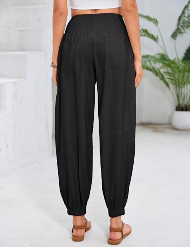 Yesfashion Women's Smocked Waist Harem Pants High Waist Loose Casual Lounge Trousers with Pockets Black — view 5