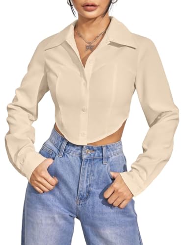 Image of GRECIILOOKS Women`s Oversized Fit Crop Top Shirt | Casual Long Sleev Stylish Collared Shirts for Womens | Comfortable Rich Korean Button Down | Formal Look Stylish Trendy Shirts