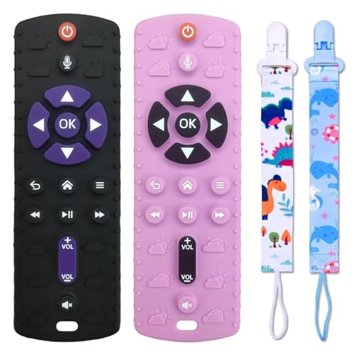 FATEORT New Upgrade Key Presses 2-Pack Silicone Baby Teething Toys for Babies 6-12 Months, Pressable Remote Control Shape Teething Toys Boys Girls Baby Chew Toys, Relief Baby Teething Gum Discomfort