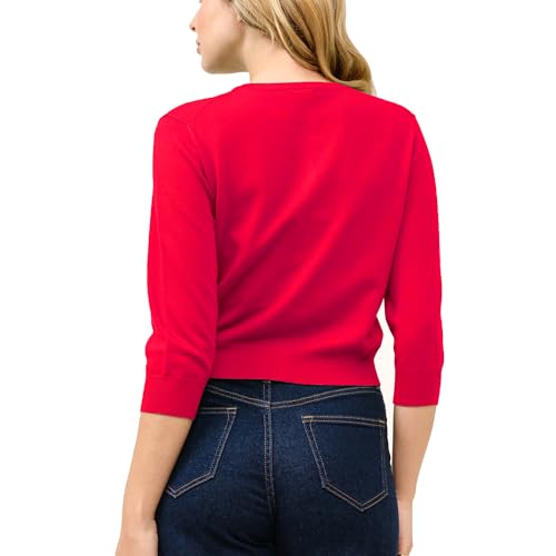 Image of Women's Cropped Cardigan 3 /4 Sleeve Crewneck Button Up Sweater Knit Top (S~XL)