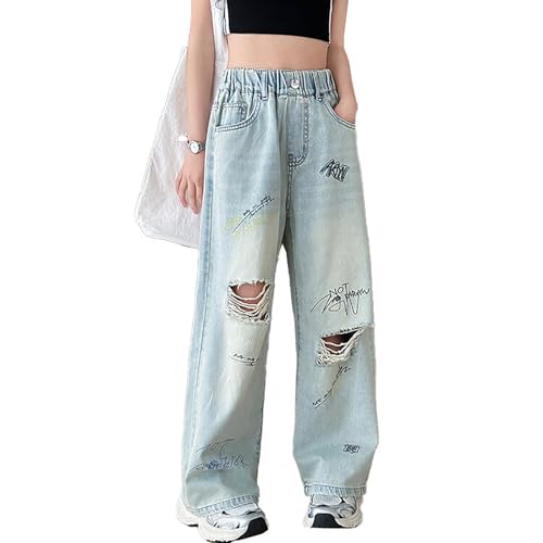 Girls Jeans Ripped Elastic Waist Wide Leg Baggy Denim Pants Teen Cute Graphic Clothes with Pockets Y2K Streetwear3